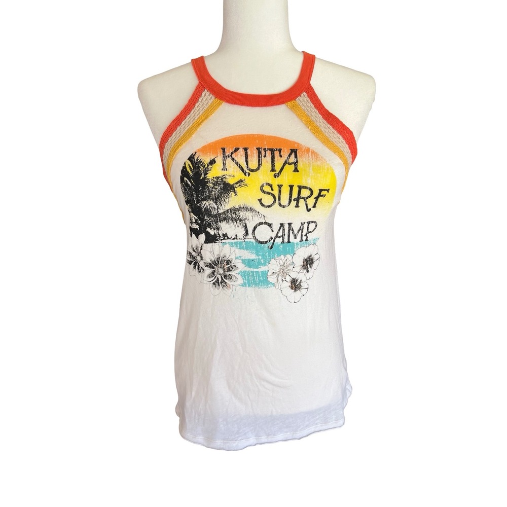 We The Free Free People Kuta Surf Camp Graphic Tank Top Crochet Sz M Boho Beach